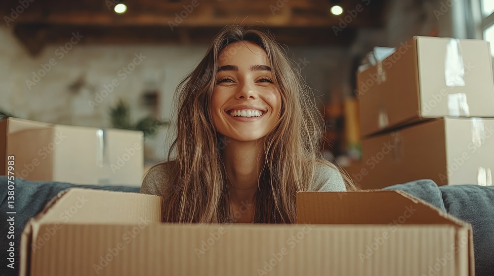 A happy freelancer sme businesswoman working on shipping boxes at home.