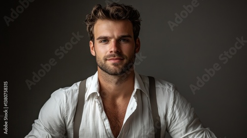 Half-faced portrait of serious concentrated confident brutal chic handsome attractive classy modern guy wearing classic white shirt suspenders isolated on gray background copyspace empty blank