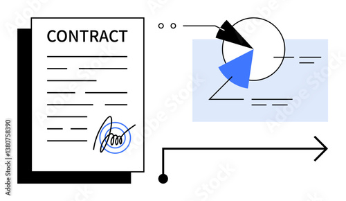 Signed contract paper beside abstract data chart and arrow flow direction. Ideal for legal agreement, data analysis, project flow, business planning, strategy execution, management, flat simple