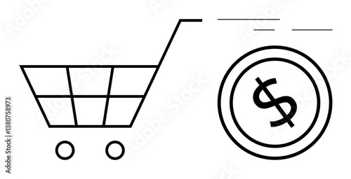 Shopping cart and dollar coin represent e-commerce, consumer spending, retail transactions, savings, budgeting, economy, and financial flow. Ideal for business, marketing commerce ideas and flat