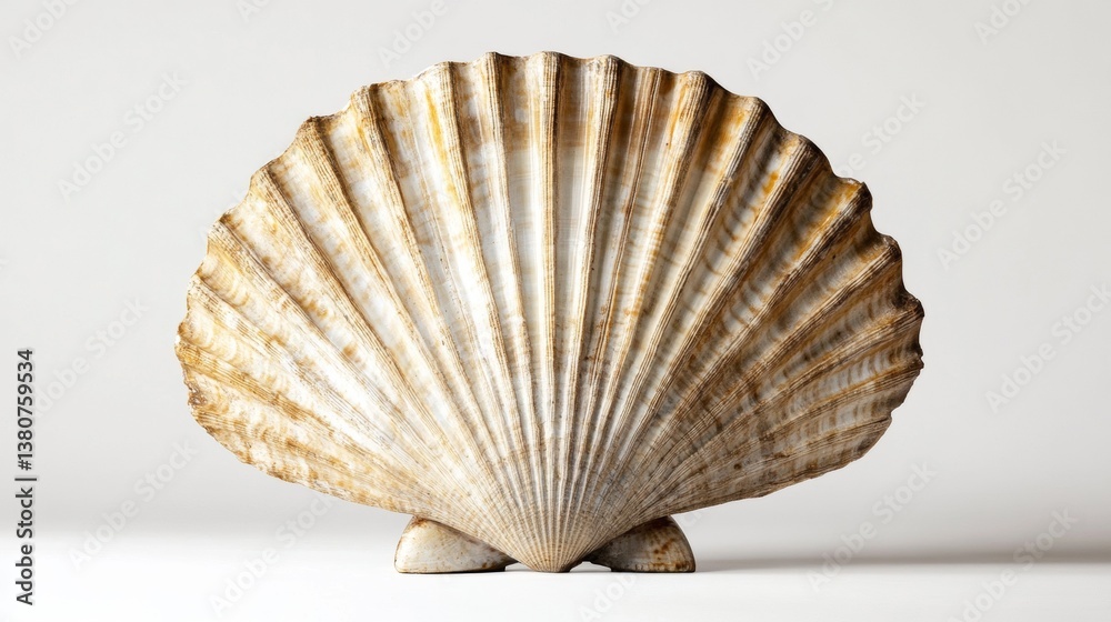 Open shell of great scallop shellfish isolated on a white background. Pecten maximus or jacobaeus. Closeup of beautiful empty seashell of edible marine bivalve mollusk. Fan shaped calcareous sea clam. Open shell of great scallop shellfish isolated on a white background. Pecten maximus or jacobaeus. Closeup of beautiful empty seashell of edible marine bivalve mollusk. Fan shaped calcareous sea clam.