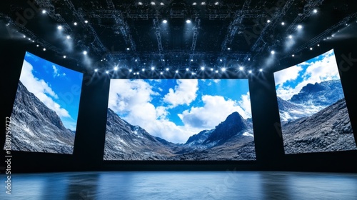 Curved LED screens displaying scenic mountain landscapes under bright stage lighting in a dark room.