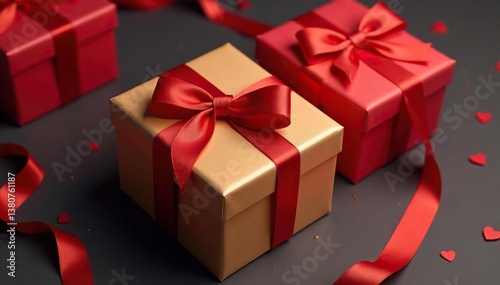 Elegant red ribbon adorned gift boxes, gold accents, tileable, surface, gift box