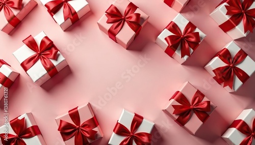Elegant red ribbon tied gift boxes, repeating pattern, decoration, backdrop, bright