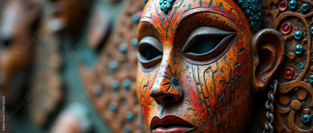 Fototapeta premium Colorful handcrafted mask displayed in cultural exhibition setting