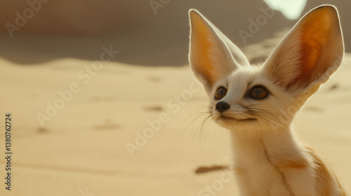 A fennec fox with its large ears listening intently in the desert