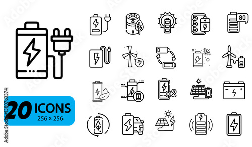 Set of 20 Battery Charging and Energy Icons, Outline Style, 256x256 Pixels