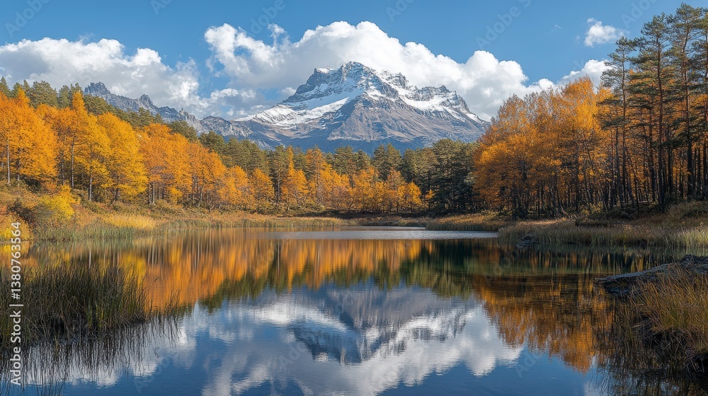 Autumn scene. Snowy peak over lake, autumn foliage reflected in still water, clouded sky Autumn scene. Snowy peak over lake, autumn foliage reflected in still water, clouded sky