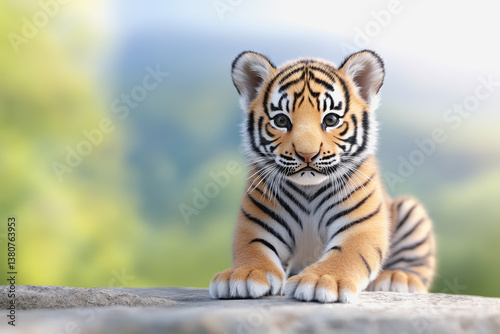 Adorable tiger cub with striking stripes and playful expression in a detailed and lively 3d full body illustration