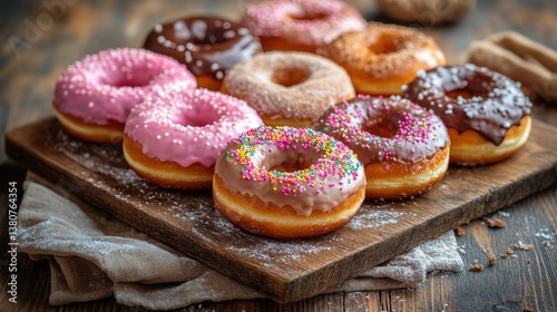 Delicious Array of Colorful Donuts on Wooden Serving Board with Sprinkles