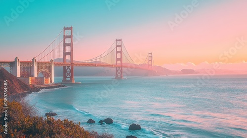 Golden Gate Bridge sunrise, San Francisco coastal view, pastel sky, travel tourism