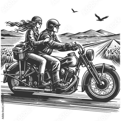 Biker couple riding motorcycle into sunset vector
