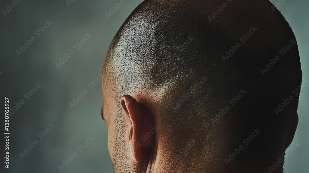 Naklejka premium Close up top view of a man's head with hair transplant surgery with a receding hair line. - 1-5 months after Bald head of hair loss treatment.