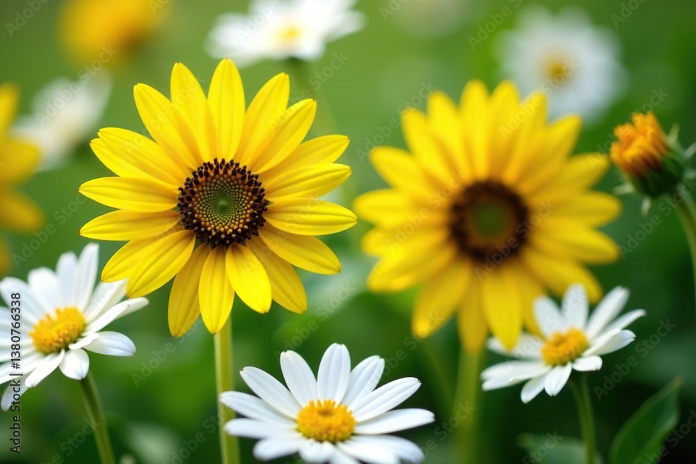 Obraz premium One bright yellow sunflower among white daisies, project, summer, color