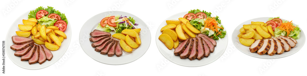 Grilled steak and chicken variations with potato wedges and fresh salad. Grilled steak and chicken variations with potato wedges and fresh salad.