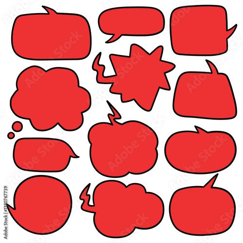 Hand drawn cartoon set of red speech bubbles on white background.