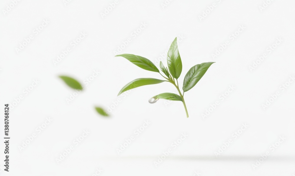 Fototapeta premium Fresh tea leaves with water drop on white background for beverage ad