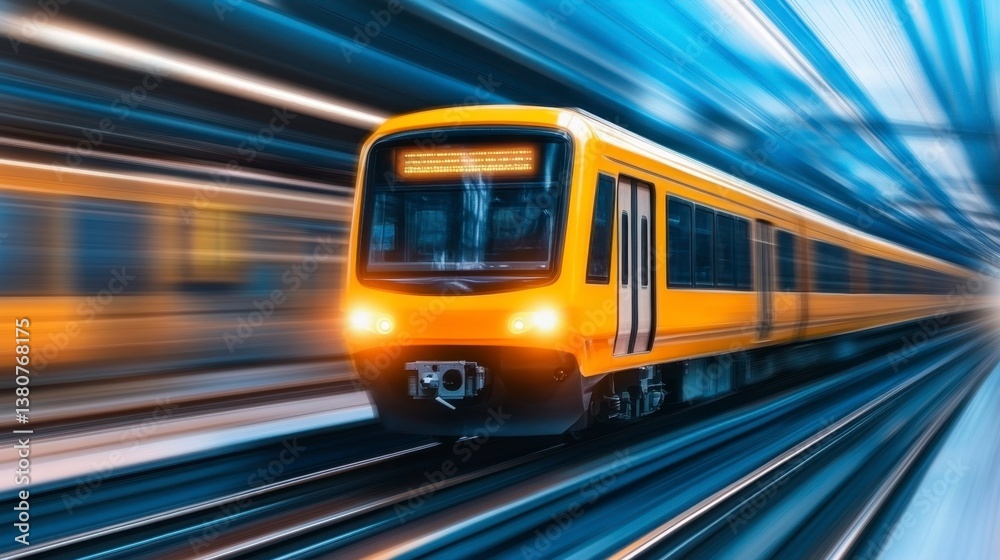 Obraz premium High speed yellow train speeding through a modern city tunnel, motion blur effect, dynamic energy.