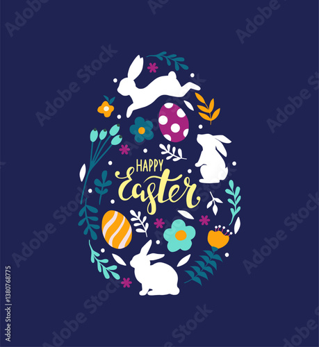 Awesome happy easter card in vector. Funny rabbits and spring flowers with hearts. Stylish holiday background in popular style.Vector illustration.
