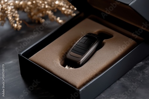 A stylish car key fob elegantly placed in a luxury black box, symbolizing modern sophistication and attention to detail in automotive accessories and gifting.