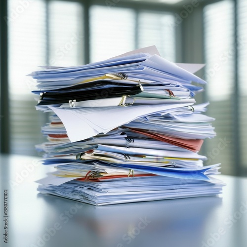 High stack of papers and binders on a table, documents, office work, paperwork.