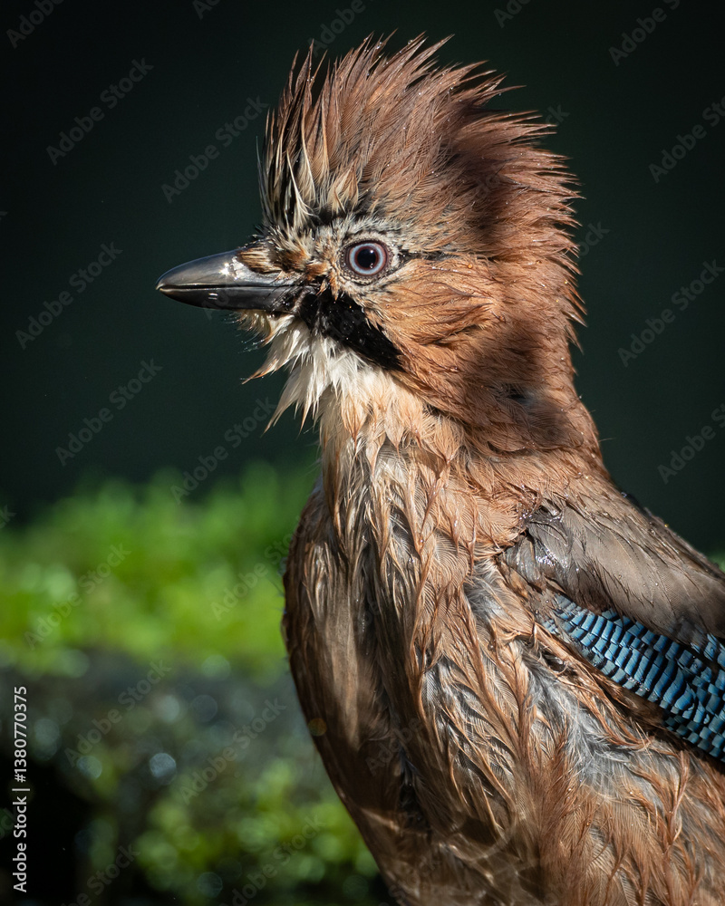 Bird - Eurasian Jay Garullus glandarius, bird bathes and drinking water in a forest pool, spring time