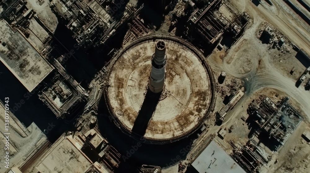 Fototapeta premium Aerial view abandoned industrial chimney, refinery complex, desert, environmental impact, industrial decay