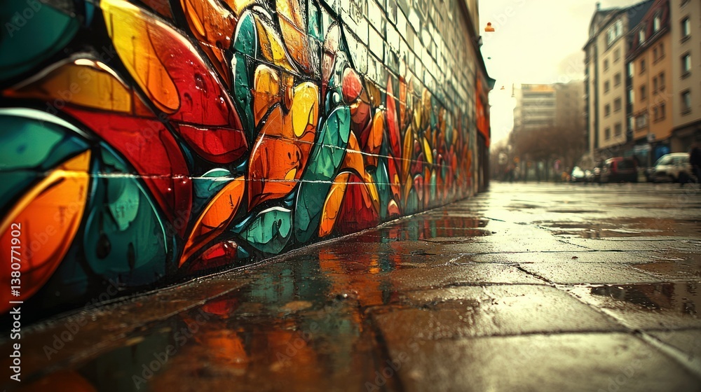 Fototapeta premium Vibrant Graffiti Wall Reflecting in a Wet City Street