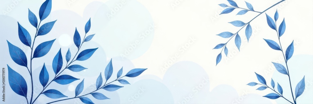 Fototapeta premium Minimalist blue line art leaves & branches, organic shapes Abstract botanical background , leaves, line art, abstract