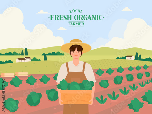 산지에서 농산물을 수확하는 밝은 미소의 농부