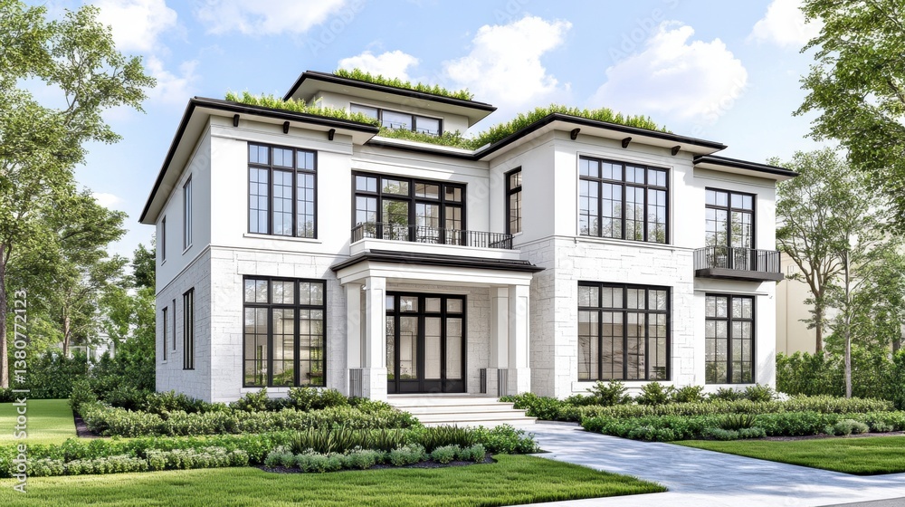 Luxury white two story house with green roof and black windows, sunny day Luxury white two story house with green roof and black windows, sunny day