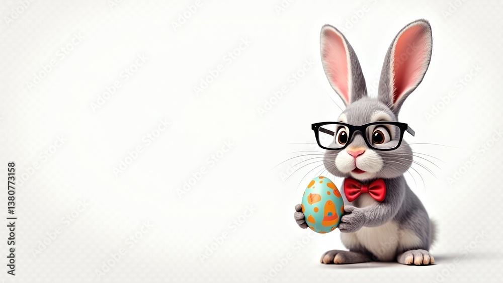 Fototapeta premium Nerdy Rabbit with Glasses and Bow Tie Holding Easter Egg