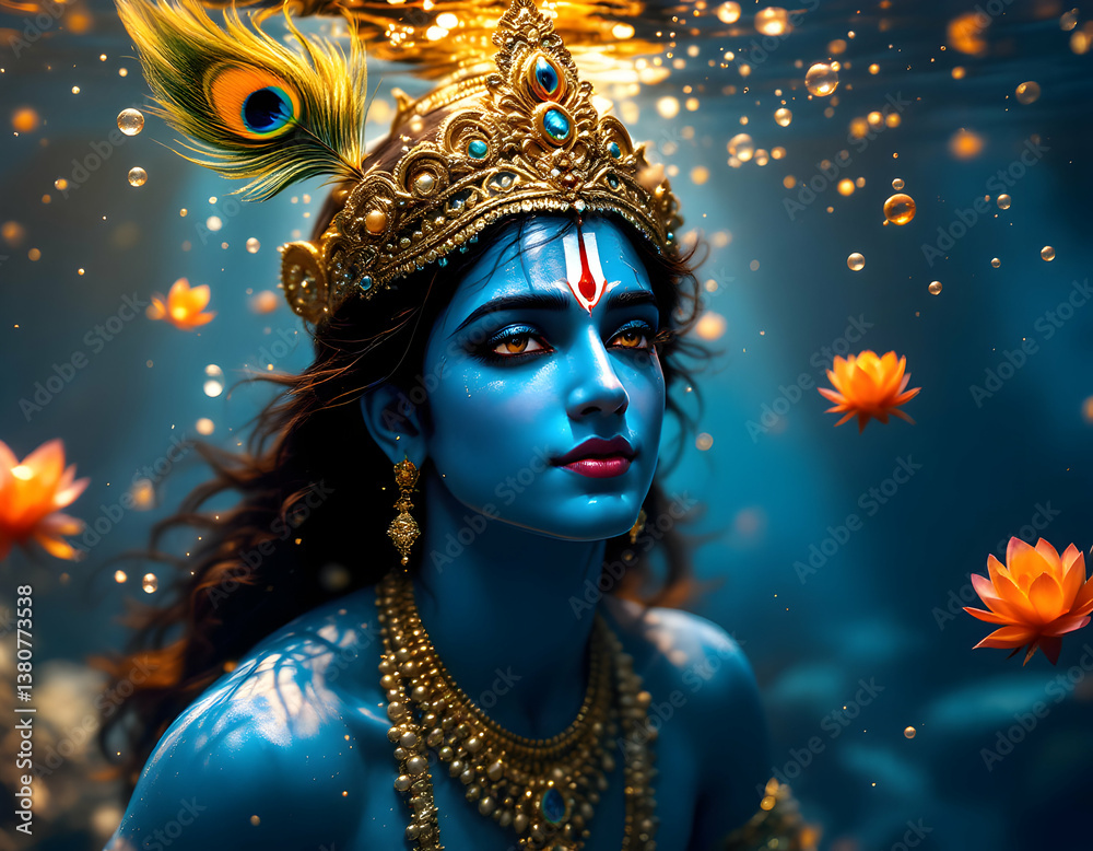 Lord Krishna Underwater with Lotus Flowers Spiritual and Artistic Image Lord Krishna Underwater with Lotus Flowers Spiritual and Artistic Image