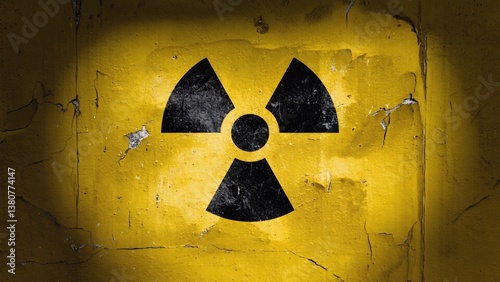 A bright yellow sign with a black radioactive symbol, often used in hazardous materials handling or emergency situations