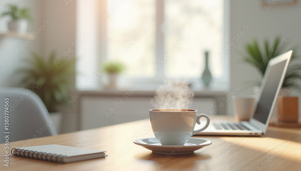 Steaming coffee cup on wooden desk in bright home office Steaming coffee cup on wooden desk in bright home office