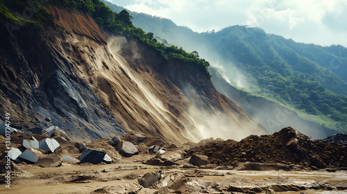 A massive landslide crashing down a mountain, with rocks and mud tumbling over the edge, burying everything in its path