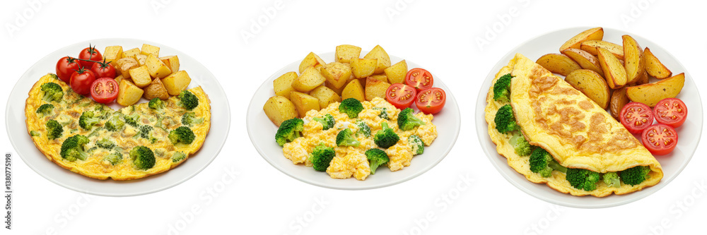 Three egg breakfasts with broccoli, potatoes, and tomatoes. Three egg breakfasts with broccoli, potatoes, and tomatoes.