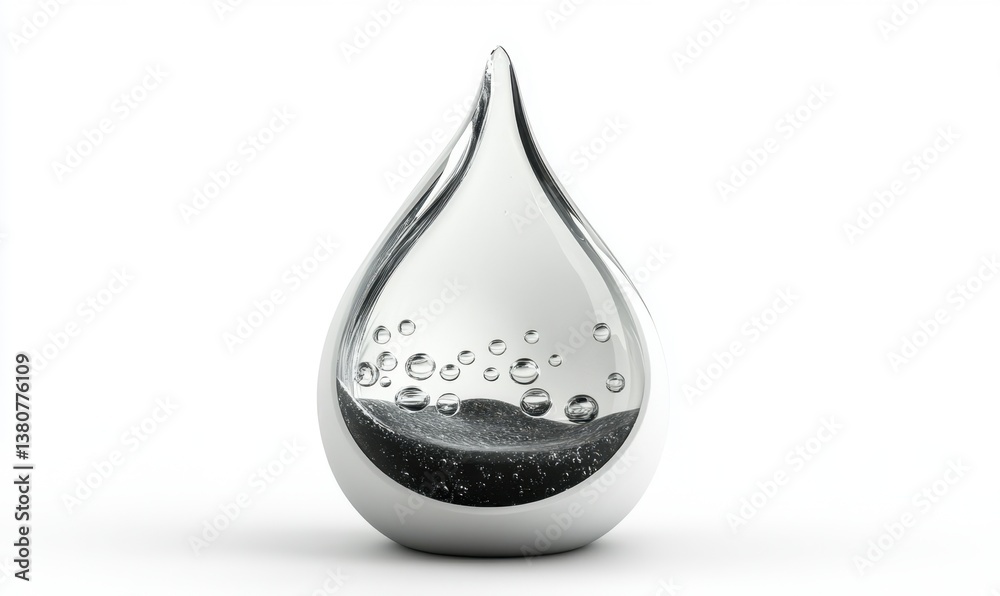 Silver teardrop sculpture with black sand and floating bubbles on white Silver teardrop sculpture with black sand and floating bubbles on white