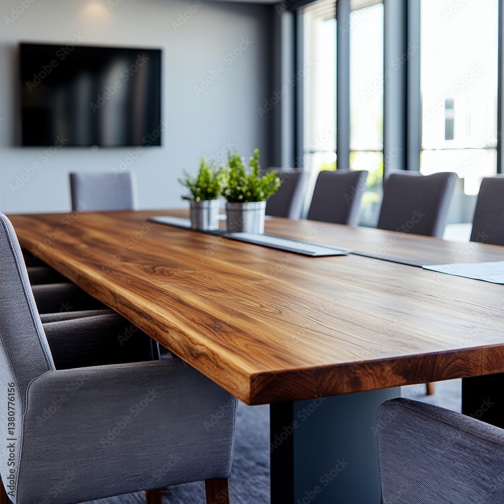 Long wooden conference table with gray chairs in a modern office setting. Natural light from large windows illuminates the scene. Long wooden conference table with gray chairs in a modern office setting. Natural light from large windows illuminates the scene.