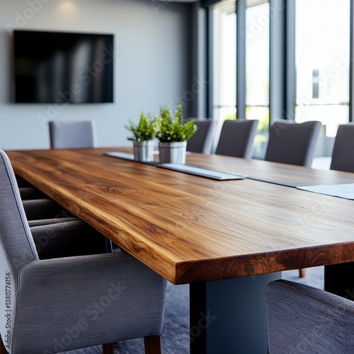 Long wooden conference table with gray chairs in a modern office setting. Natural light from large windows illuminates the scene.