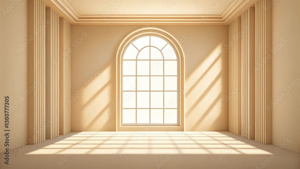 Fototapeta premium Bright, empty room with a large arched window and diagonal light patterns on the floor.