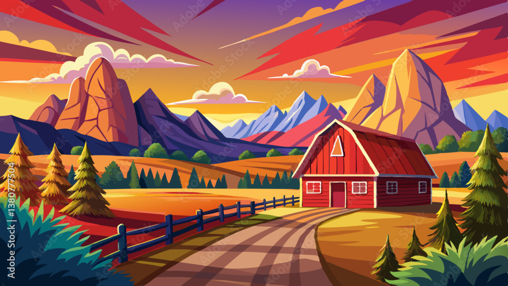 Summer sunset with a red barn in rural Montana and Rocky Mountains Summer sunset with a red barn in rural Montana and Rocky Mountains