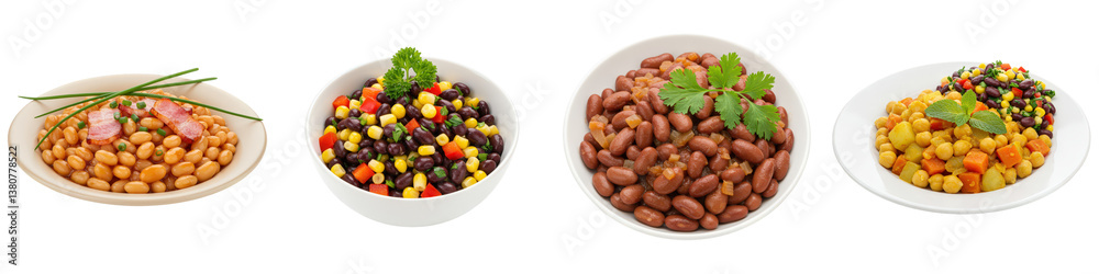 Four bowls of diverse bean dishes baked beans with bacon, black bean salad, kidney beans, and chickpea stew. Four bowls of diverse bean dishes baked beans with bacon, black bean salad, kidney beans, and chickpea stew.