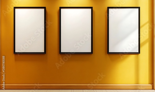 Frames on a mustard yellow wall , elegant gallery mockup , 