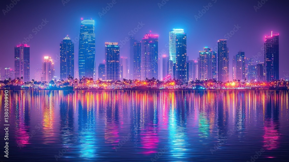 Fototapeta premium Neon Cityscape Reflection: A Night in the Metropolis