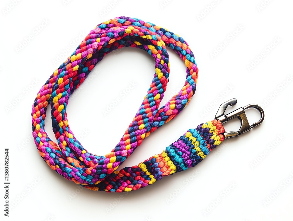 Fototapeta premium Vibrant Braided Lanyard on White Background Close Up for Accessories