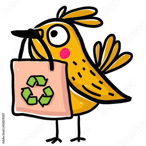 Bright yellow bird holding a recycle tote bag – hand-drawn eco animal sticker promoting reuse, zero waste, and climate responsibility