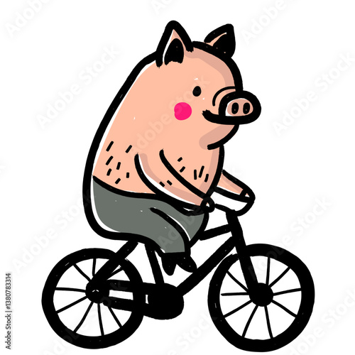 Adorable pig riding bicycle – eco-friendly hand-drawn animal sticker symbolizing green transport and conscious lifestyle