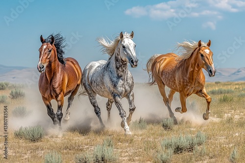 Three majestic horses — a bay, a dapple gray, and a buckskin — gallop across a sun-drenched field, kicking up dust in their wake.