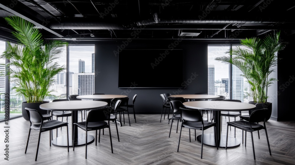 Fototapeta premium Modern minimalist meeting room interior with dark walls, large windows, round tables, black chairs, and potted plants. City view visible.